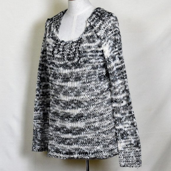 ALBERTO MAKALI Sweater L Black White Stripe Long Sleeve Open Knit - Picture 1 of 5